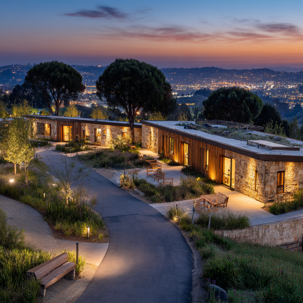 Twilight exterior view of TSL Rehab modern facility